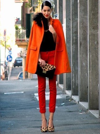 Women's Orange Coat, Black Tank, Tan Leopard Suede Clutch, Red Skinny Jeans, and Tan Leopard Leather Pumps